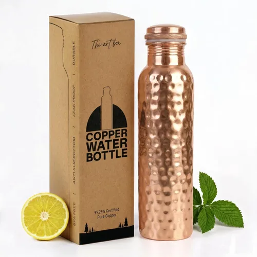 THE ART BOX Botella de agua de cobre puro para agua potable – Botella ayurvédica de cobre martillado a prueba de fugas, diseño sin articulaciones,