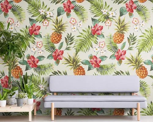 Miniatura 6 de Mural de pared con ambiente tropical de piña. Papel tapiz hawaiano para despegar y pegar, decoración temática Paradise Vibe. #6447