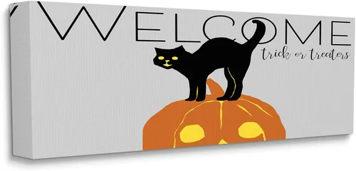 Miniatura 7 de Stupell Industries Welcome Trick Or Treaters - Placa de pared con diseño de gato de Halloween, diseño de Nicholas Biscardi, 7 x 17 pulgadas