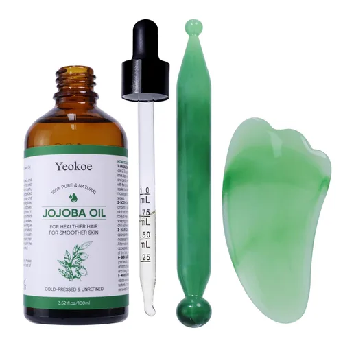 Yeokoe Aceite de Jojoba Puro Prensado en Frío Sin Refinar Gua Sha para Cabello Más Saludable, Piel Más Suave, Aceite Hidratante Base Portador 3.52oz