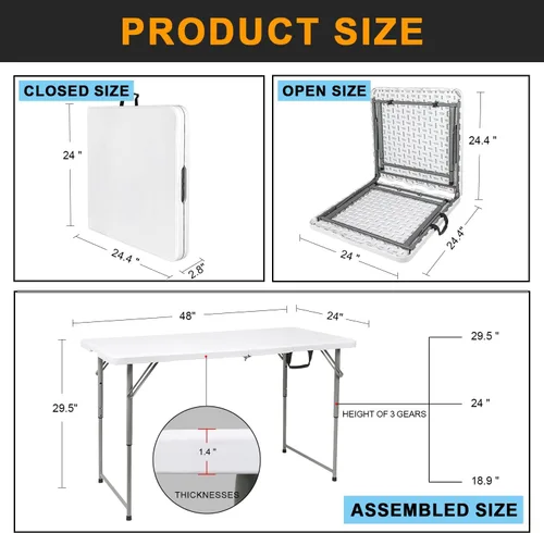 Miniatura 7 de Mesa plegable de plástico resistente de 48 pulgadas de ancho x 24 pulgadas de profundidad x 29.5 pulgadas de alto, altura ajustable, de 4 pies, mesa