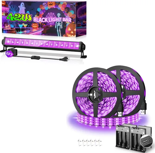 THECHAM Barra de luz negra de 42 W + tira de luces negras de 16.4 pies a batería para fiesta brillante, póster fluorescente, pintura corporal,