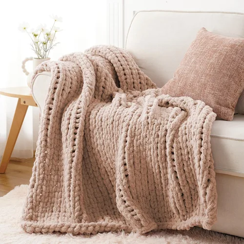 Miniatura 10 de Battilo - Manta de punto grueso de cachemira beige y crema, manta suave y gruesa de chenilla, manta de crochet de punto trenzado hecha a mano