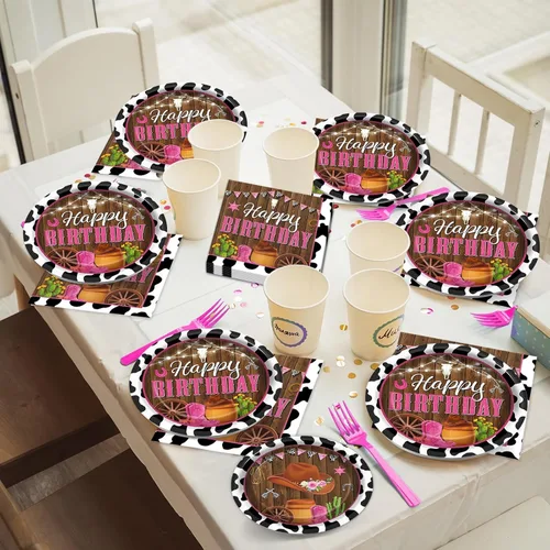 Miniatura 7 de 96 piezas de decoraciones de vaquera, suministros de fiesta, platos de papel con estampado de vaca, platos y servilletas desechables occidentales