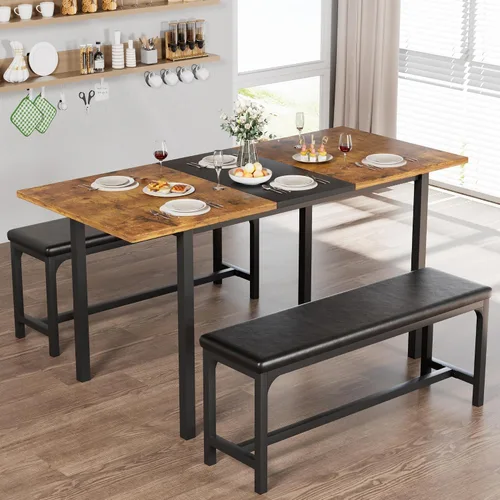 Miniatura 9 de VECELO Mesa de cocina extensible de 3 piezas de 63 pulgadas con bancos/sillas, moderno juego de desayuno/comedor para 4/6/2, diseño de ahorro