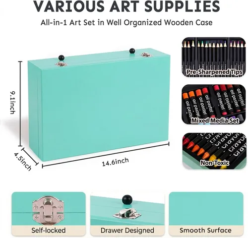 Miniatura 7 de Juego de arte de lujo de 175 piezas en madera, kit de dibujo y pintura con 2 blocs de dibujo, pinturas acrílicas, lápices de colores, lápices