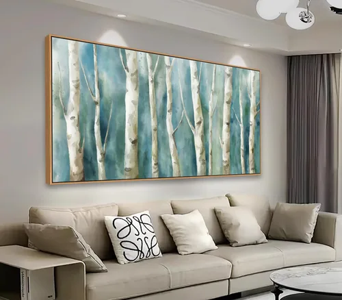 Arte de Pared en Lienzo de Abedul Enmarcado - Imágenes Abstractas de Árboles de Abedul para Pintura Moderna en Lienzo Turquesa, Obra de Arte de