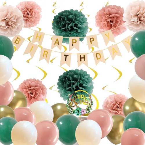 Decoraciones de cumpleaños para mujeres y niñas con globos de color verde esmeralda, rosa polvoriento, pancarta rústica y decoración de pastel