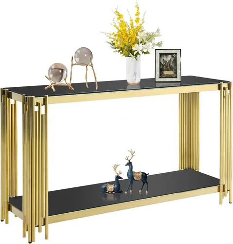 Miniatura 11 de Mesa de centro de vidrio templado de 31.5 pulgadas, moderna mesa de té dorada de 2 niveles con estante inferior, mesas centrales de lujo con marco