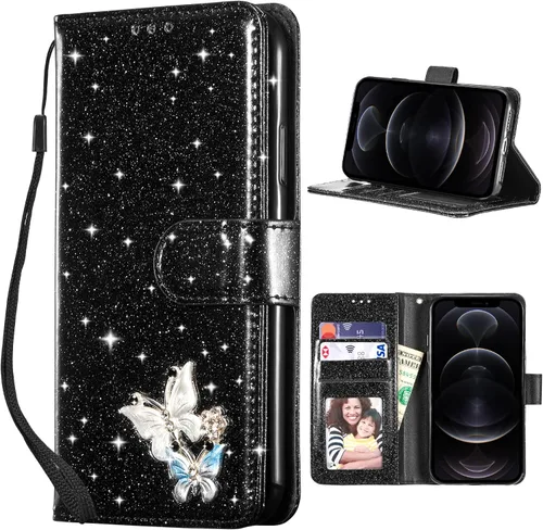 Miniatura 13 de UEEBAI Funda tipo cartera para iPhone 11, funda de piel sintética con purpurina para teléfono, ranuras para tarjetas, funda con función atril