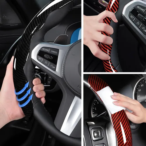 Miniatura 4 de Juego de fundas para volante de automóvil, funda de fibra de carbono brillante, antideslizante, 3 piezas, accesorios para volante de 14.5-15 Negro