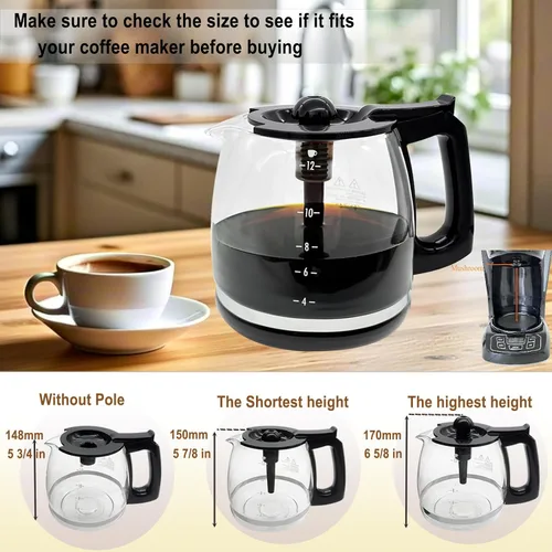 Miniatura 4 de Repuesto de cafetera de vidrio para 12 tazas, universal y ajustable, compatible con Mr Coffee, B&D, Hamilton Beach, Bella y Cuisinart, tapa y mango