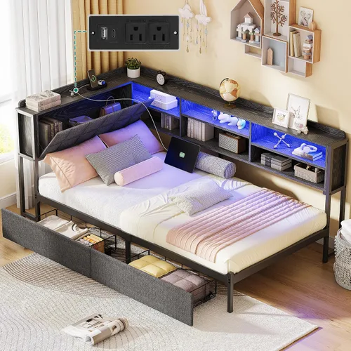 Miniatura 14 de YITAHOME Base de cama tamaño Queen, plataforma tapizada de terciopelo con cabecero, cama de nube suave con estribo, esquinas redondeadas, fácil Negro