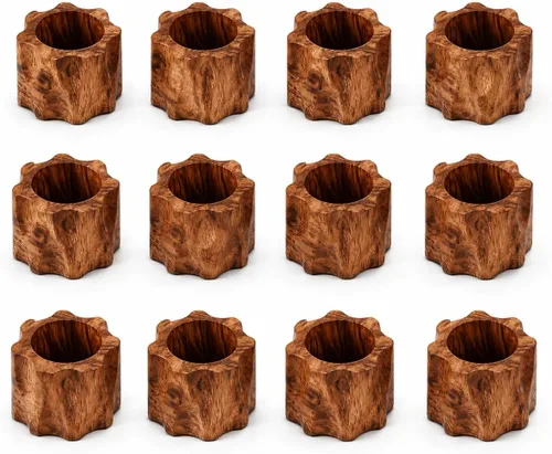 Miniatura 14 de Juego de 12 Servilleteros de Madera de Tres Anillos - Abrazaderas Portaservilletas para Decoración de Mesa de Comedor - Anillos Rústicos Modernos