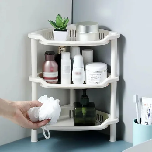 Miniatura 5 de Organizador de ducha de 3 niveles, estante esquinero de plástico rosa, estante de escritorio multifuncional hueco para escritorio, organizador