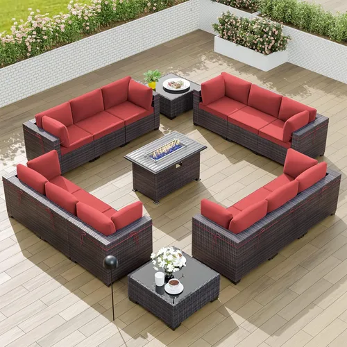 Miniatura 13 de Kullavik Juego de 13 muebles de patio al aire libre con mesa de fogata de gas propano de 43 pulgadas, 55000 BTU, mimbre de polietileno, sofá Arena