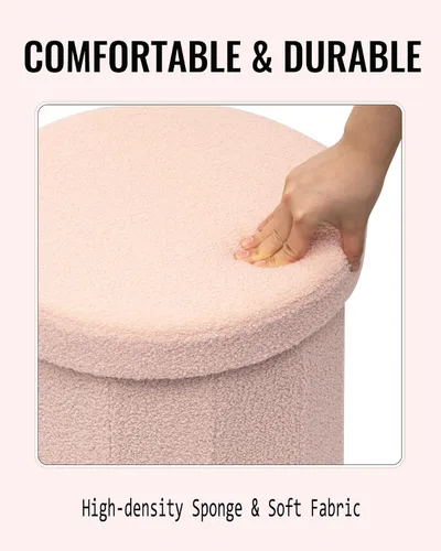 Miniatura 5 de Round Boucle - Otomana de almacenamiento, reposapiés tapizado pequeño de 15 pulgadas con almacenamiento, reposapiés otomano compacto para sala