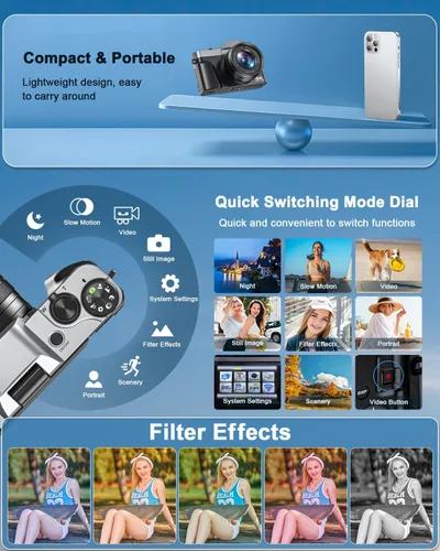 Miniatura 5 de Cámara digital 4K para fotografía, WiFi de 64 megapíxeles con enfoque automático para videoblogs en YouTube, pantalla giratoria de 3" y 180°, zoom