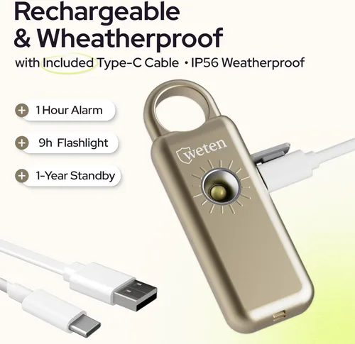 Miniatura 4 de Weten Llavero de alarma de seguridad personal – Sirena de 130 dB con altavoz inferior, luz LED, correa de muñeca y mosquetón – Alarma de autodefensa