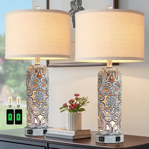 Miniatura 10 de Lámparas de mesa rústicas para sala de estar y dormitorio Lámpara de noche vintage con doble puerto USB, lámparas retro de resina blanca antigua