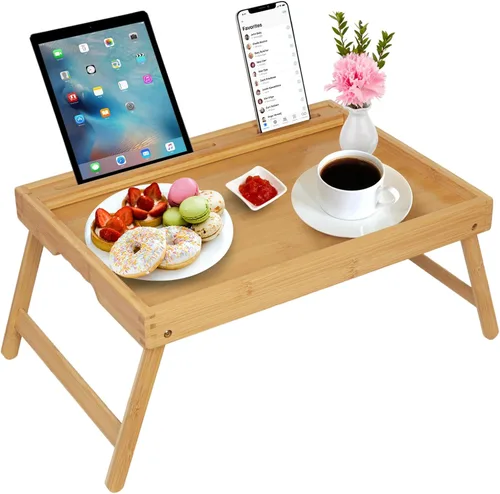 Miniatura 10 de Bandeja para la cama con asas y patas plegables, bandeja de desayuno de bambú con ranura para medios, uso como plato, escritorio para laptop, Negro