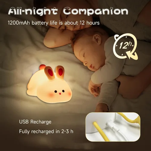 Miniatura 5 de Luz Nocturna de Conejo de Cara Grande, Adorable Lámpara Nocturna LED de Conejito, Luz Nocturna de Guardería de Silicona Regulable para Niñas, Luces