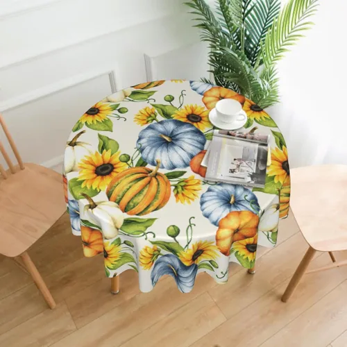 Miniatura 2 de Mantel redondo de otoño de 60 pulgadas con diseño de acuarela, calabaza, girasoles, lavable, a prueba de derrames, resistente a las arrugas