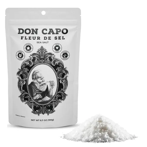Don Capo Sal marina Fleur de Sel - Sal de acabado cosechada a mano para textura y sabor, sal escamosa para filetes, mariscos y ensaladas, sal