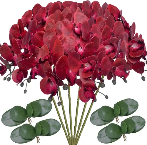 FagusHome Phalaenopsis - 6 piezas de flores artificiales de orquídea con 4 paquetes de hojas, plantas con tallo para decoración del hogar (rojo),