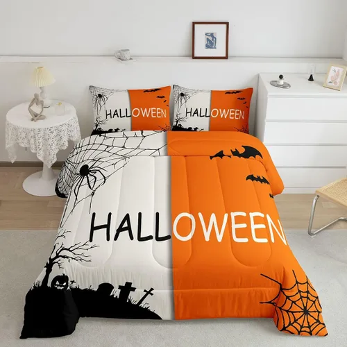 Miniatura 16 de Juego de edredón de calabaza para niños, con estampado de calabaza, estilo Halloween, juego de ropa de cama para niños, juego de ropa de cama