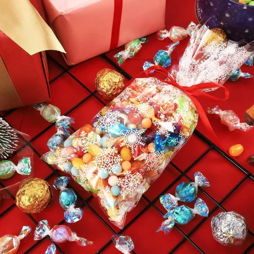 Miniatura 4 de Boao 100 piezas de bolsas de celofán para golosinas de Navidad con copos de nieve, bolsa de dulces con cinta para suministros de fiesta de Navidad
