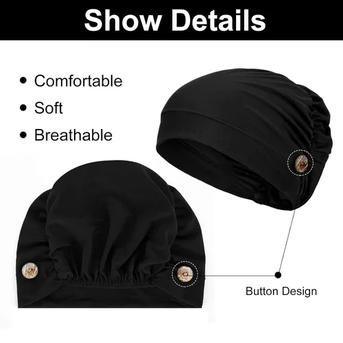 Miniatura 4 de Geyoga Gorras Bouffant con botones, unisex, elástica, turbante con botones para mujer, 3 piezas, Negro, Talla única