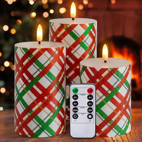Miniatura 13 de Velas parpadeantes de Navidad sin llama con rayas rojas con purpurina, pilar de cera real, velas eléctricas LED con temporizador remoto para Rayas