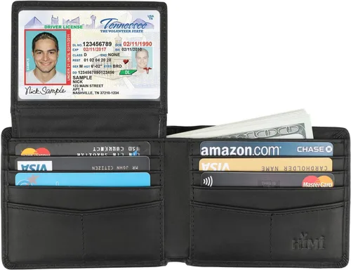 Miniatura 4 de HIMI - Cartera elegante de cuero auténtico para hombre, con bloqueo de interferencia de radiofrecuencia (RFID), con 2 ventanas para identificación