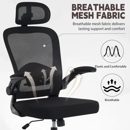 Miniatura 3 de Silla de oficina ergonómica con soporte lumbar ajustable 3D, respaldo alto de malla, reposacabezas giratorio de 75°, función mecedora, capacidad