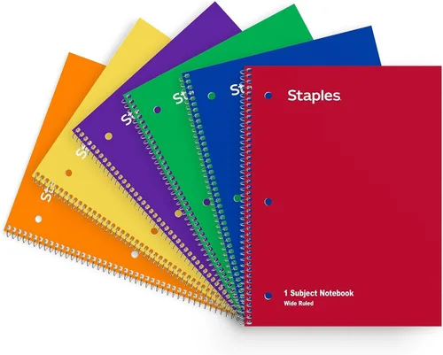 STAPLES Cuaderno de espiral de 1 materia, rayas anchas, 70 hojas, colores surtidos, paquete de 6