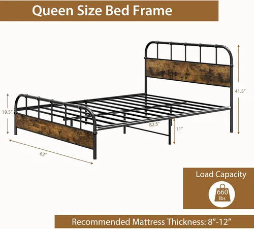 Miniatura 2 de Giantex Base de cama de metal tamaño Queen con cabecera de madera, base de cama de plataforma industrial con listones de metal resistente, base