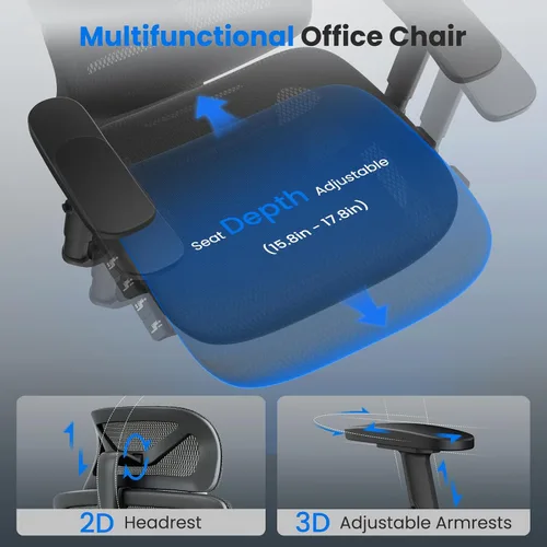 Miniatura 4 de OdinLake L1 Ergo Upgrade 518 - Silla de oficina ergonómica de malla gris – Grande y alta, 350 libras, soporte lumbar ajustable, profundidad