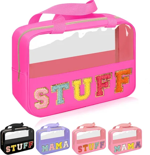 Miniatura 8 de Iqimott Bolsa de bebé con parche de letras de chenilla, bolsa de cosméticos transparente para maquillaje, bolsa grande de almacenamiento