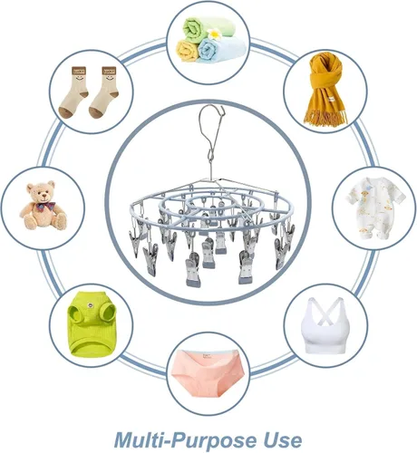 Miniatura 3 de HSJH Estante de secado de ropa de acero inoxidable, colgador de goteo de ropa sucia, 24 clips, pinzas de metal redondas, ropa interior, calcetín