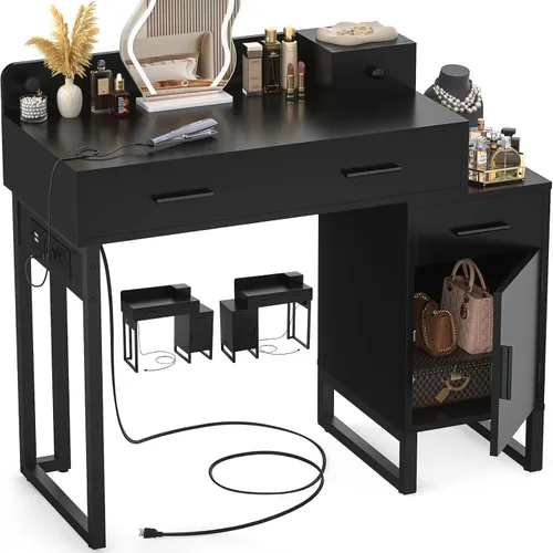 Mesa de tocador con 4 cajones de almacenamiento - Mesa de tocador de maquillaje moderna con estación de carga, mesa de tocador negra con gabinete