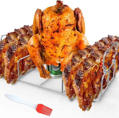 Beercan - Asador de pollo y costillas con un cepillo de aceite de silicona, soporte rectangular para ahumador, horno y parrilla, soporta hasta un
