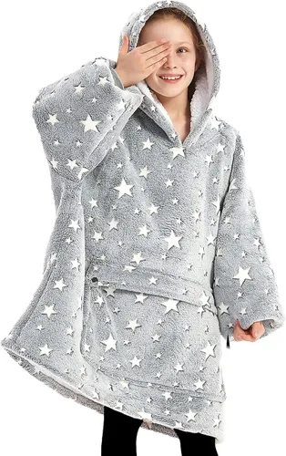 Manta portátil de sherpa con capucha, para niños, todos los patrones, de gran tamaño, sudadera con bolsillos, 6-10 años Brilla en la oscuridad gris