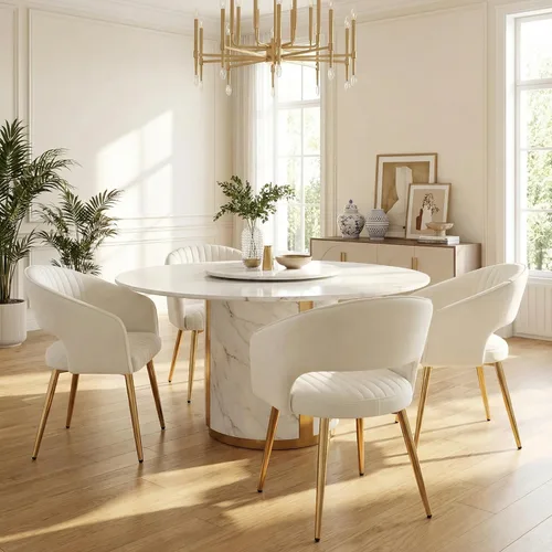 Miniatura 15 de Juego de 2 sillas de comedor modernas, tapizadas de piel sintética dorada con respaldo hueco, sillas de cocina con reposabrazos decorativos