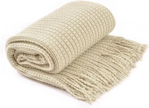 Miniatura 7 de Blagic Manta de punto para sofá, manta suave de estilo bohemio para otoño con borlas, manta ligera decorativa para el hogar, manta beige para cama