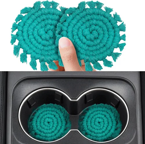 Miniatura 8 de Paquete de 2 posavasos de algodón para portavasos de automóvil, portavasos de automóvil, soportes para bebidas, lindos soportes de macramé bohemios
