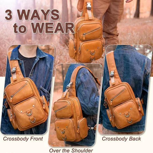 Miniatura 3 de CENUNCO Bolso bandolera de cuero genuino para hombre, mochila cruzada, casual, senderismo, motocicleta, bolsa de pecho antirrobo, bolso de viaje
