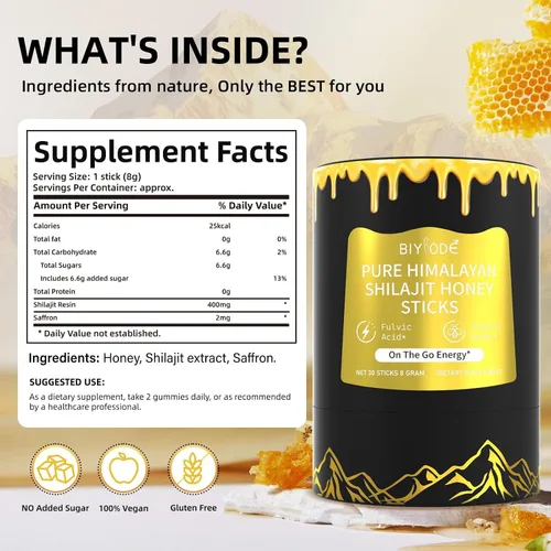 Miniatura 2 de Palitos de shilajit puros del Himalaya con miel orgánica, azafrán fáciles de consumir, 30 barras para aumentar la energía, inmune, 85+