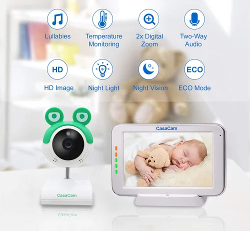 Miniatura 2 de CasaCam BM240 Monitor de video para bebés con pantalla táctil de 5 pulgadas y cámara HD clip, audio bidireccional, canciones de cuna, luz nocturna