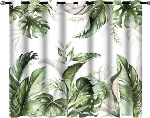 Miniatura 35 de Cortinas abstractas de hojas tropicales, acuarela tropical, hojas de palma, verano hawaiano, plátano, aislamiento térmico, cortinas completas